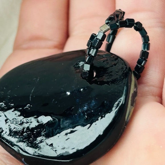 Vintage Cobalt Blue Fused Foil Art Glass Swirl Hand Blown Vortex Beaded Pendant - Picture 8 of 8